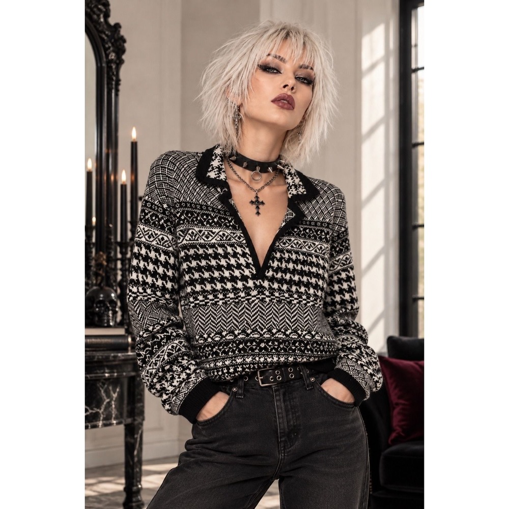 Coldwater Creek L Wool Blend Fair Isle Houndstooth Cardigan